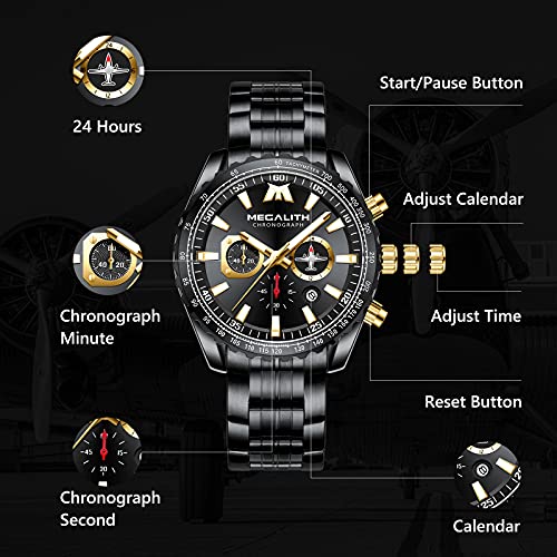 Image of MEGALITH Wrist Watches for Man Analog Classic Waterproof Stainless Steel Chronograph Quartz Date Luminous Hands Mens Casual Watches