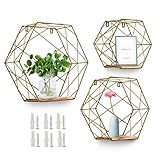 Hoofaway 3er Set aus Holz und Metall Hexagon Wandregal Hängeregal Schweberegal Badregal Dekorative Regale Mit Brettern, für Küchenregal, Badezimmer, Wanddekoration Golden