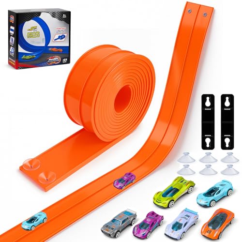 15 Ft Flexible Race Track for Kids, Flex Track Race Cars with 6 Pcs Suction Cups, Double-Sided Racetrack Compatible 1:64 Diecast Cars, Portable Roll Up Toy Gifts for Boys Girls Ages 3+‌ (Orange)