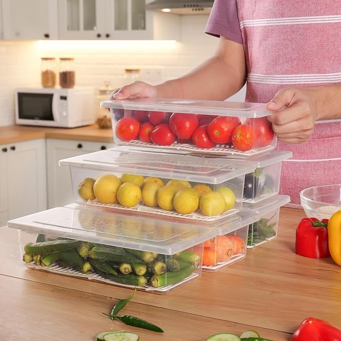 Image of Fridge Organizer Boxes Set of 4, With Drain Plate 1500ML Refrigerator Storage Containers with Blue Lids & Stackable Design for Fruits, Vegetables & Kitchen Use
