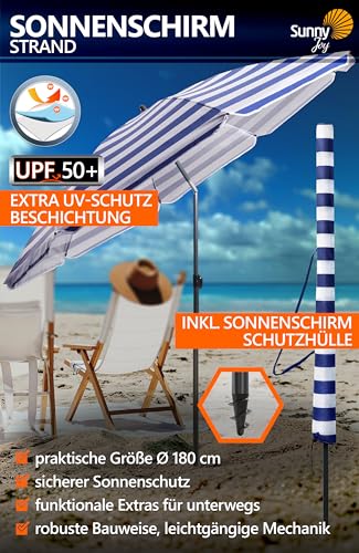 4smile Strandschirm SunnyJoy, Ø 180 cm Blau-Weiß - UPF 50+ Sonnenschirm Strand mit Hülle, Sonnenschirm Balkon - Strandschirm windfest stabil, platzsparender Balkon Schirm als Ersatz für Kurbelschirm 2