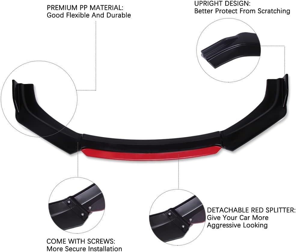 Universal Front Bumper Lip Body Kit, ABS Front Spoiler Black&Red Front Bumper Lip Splitter Body Kit with Red Strut Rods