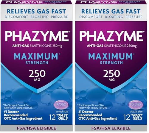 Image of Phazyme Maximum Strength Gas and Bloating Relief, 250 mg Simethicone, 12 Fast Gels (Pack of 2)