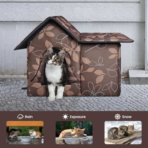 WHDPETS Katzenhütte Outdoor Winterfest Isoliert, Katzenhöhle für Draußen Katzenhütte Outdoor Winterfest Wasserdicht, Abnehmbarem Transparentem Vorhang (Braun)