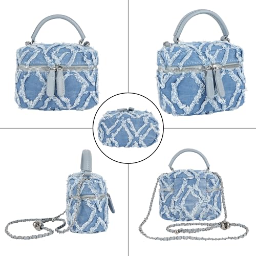 Image of Women Denim Mini Bucket Shoulder Crossbody Bag Drawstring Quilted Distressed Tassel Barrel Shape Satchel Purse