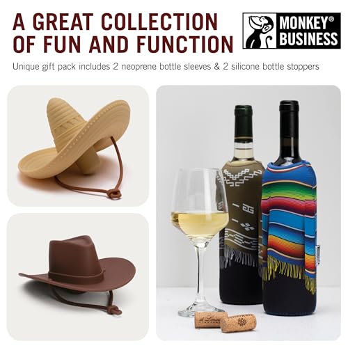 Image of Monkey Business Giftbox for Wine Lovers - 2 Neoprene Wine Bottle Poncho Covers + 2 Silicone Wine Stoppers - Funny Wine Gifts for Hosts and Parties - Insulated Wine Sleeves - Fits 750ml Bottles