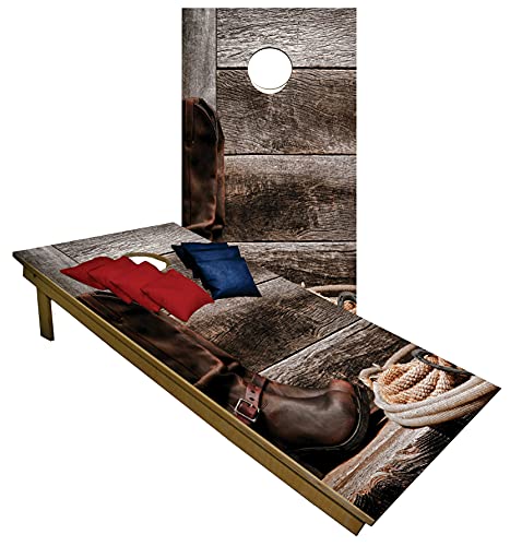 Premium Cornhole Set -Country Cowboy Boots Rope Tailgate Cornhole Boards w Set of 8 Cornhole Bags! 734