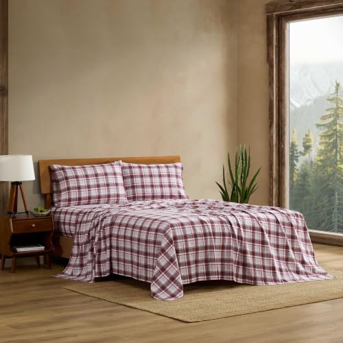 Image of Eddie Bauer - Full Flannel Sheet Set, Soft Brushed Cotton Bedding with Matching Pillowcases, Fully Elastic Fitted Sheet, Deep Pocket Bed Set, Breathable All-Season Comfort (Rugged Plaid Purple)