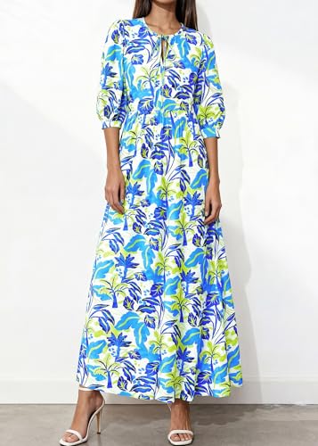 Image of KIRUNDO Maxi Dresses for Women 2026 3 /4 Sleeve Summer Dress | Spring Boho Floral, Drawstring Tie Neck, Loose Fit, Elastic Waist, Pockets, Wedding Guest, Beach Vacation Flowy Long Dress