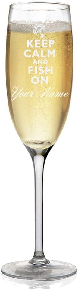 Champagne Glass, Keep Calm and Fish On, Personalized Engraving Included