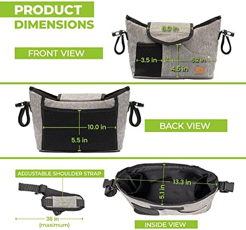 Azure Supplies Pram Organiser Grey - Large Capacity & Durable 600D Fabric Buggy Organiser with Waterproof Raincover, Deep Cup Holders, & Shoulder Strap to Use as a Carry On Bag(33 x 12.7 x 20.32 cm)