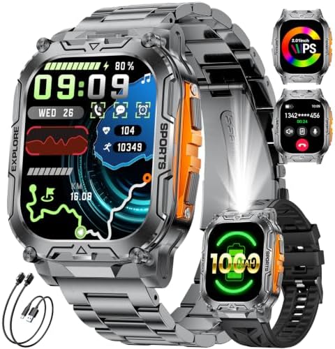1000mAh Akku Smartwatch Herren Militär, 2.01" Sportuhr Herren mit Telefonfunktion/LED Taschenlampe, 100+ Sportmodi Fitnessuhr mit IP68,Herzfrequenz/Schlafmonitor,für Android iOS, B
