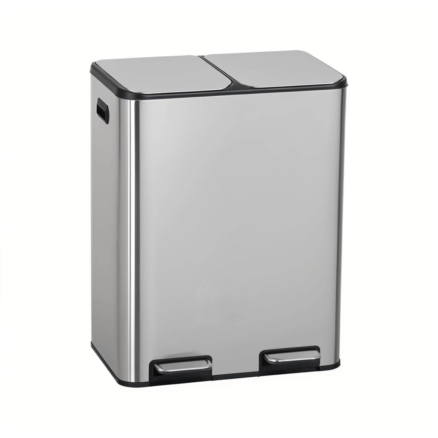 60 Liter / 16 Gallon Dual Compartment Stainless Steel Kitchen Trash Can,Hands-Free Step Trash Bin with Soft-Close Lid, Recycle and Garbage Can Combo, for Kitchen and Living Room (Double-lid Pedal)