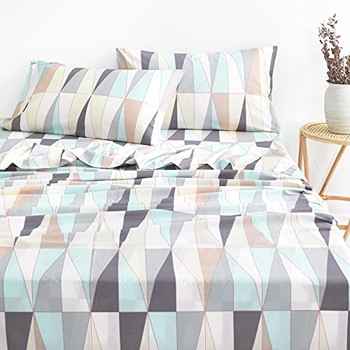 Wake In Cloud - Geometric Sheet Set, 100% Cotton Bedding, Abstract Triangle Modern Pattern Printed (4pcs, Queen Size)