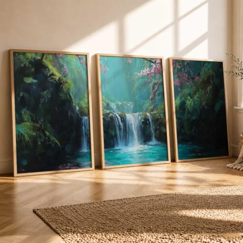 Image of kotart Abstract Nature Art Framed Paintings | Big Aesthetic Waterfall View Painting | Vastu Frames for Bedroom Living Room Wall Decor Set Of 3 (14x20 Inch)