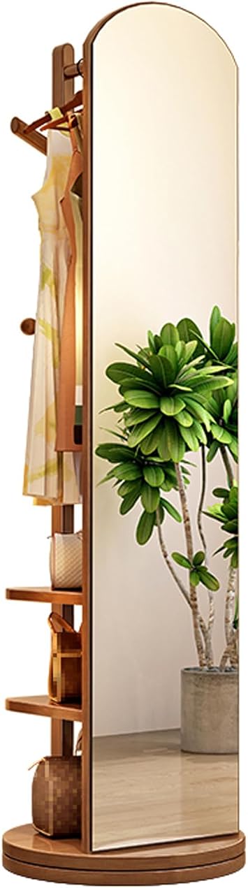 Full Length Mirror with Coat Rack, 360 Rotating Solid Wood Full Length Mirror, 2-in-1 Floor Mirrors and Coat Rack, for Bedroom, Living Room