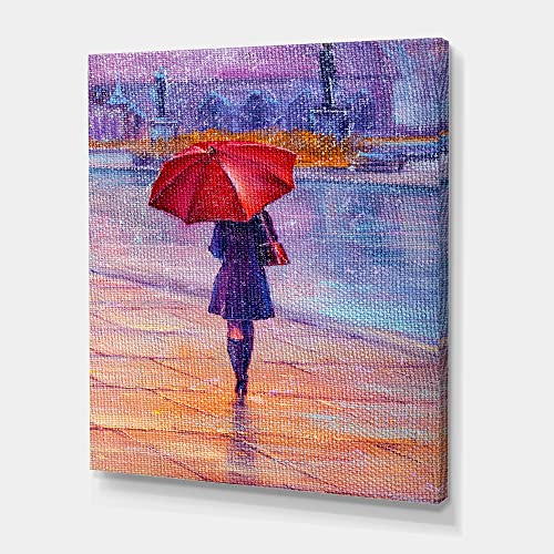 DesignQ Kunstdruck auf Leinwand, Motiv Frau mit rotem Regenschirm unter dem Regen Cover