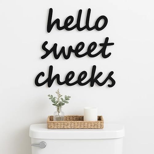 Decoración de pared con texto en inglés Hello Sweet Cheeks, divertido letrero de madera rústica para baño o inodoro, placa de imagen estilo bohemio