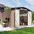 Breezestival 10x12 FT Outdoor Storage Shed with Floor & Lockable Double Doors, Heavy-Duty Galvanized Steel Outdoor Metal Shed for Bike, Tool, Generator Storage in Backyard, Patio (10’x12’, Floor)
