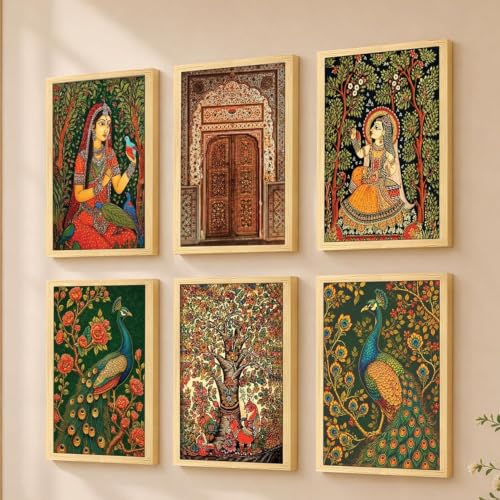 Image of PAINTINGMANTRA Madhubani Paintings For Living Room, Mughal Queen Floral Madhubani Wall art Painting for Bedroom, home wall Decoration item, Set of 6, 9x13 Inch