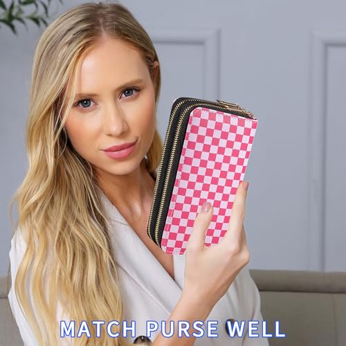 Checkered Wallets for Women Cute Large Capacity Pink Female Plaid Purse 2 Zippers Credit Card Holder3