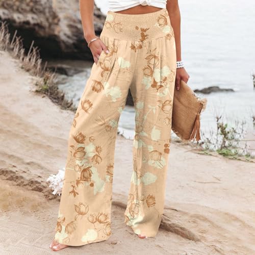 Palazzo Beach Pants for Women High Rise Summer Floral Print Pants Trendy Stretch Smocked Waist Ruched Treousers Pocket2