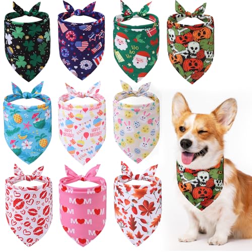 PAWCHIE Holiday Dog Bandanas 10 Packs, Easter Dog Bandana Pet Triangle Scarf Festival Style, Seasonal Bandanas 4th of July Pet Bandana Birthday for Small to Large Dogs Puppies Cats
