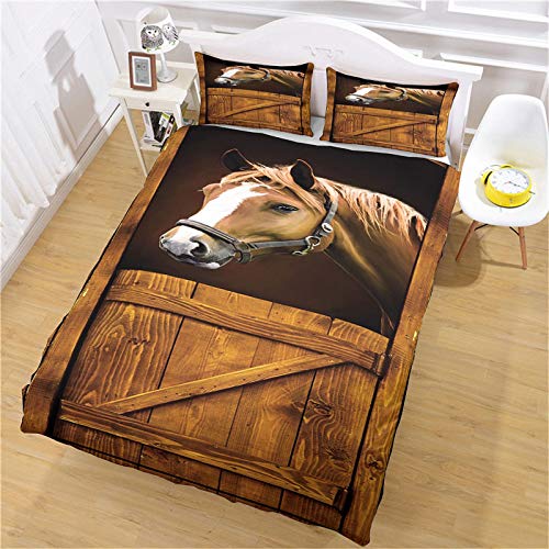XOYKX 3 Pièces Housse De Couette 240X220Cm Microfibre Cheval Animal D'Écurie Vintage Parure De Lit Adulte, Housse De Couette avec Fermeture Éclair, Parure De Lit 2 Personnes avec 2 Taie d'oreiller Cover