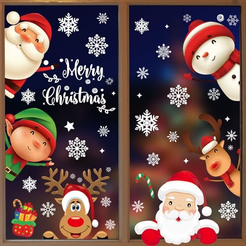 Stickers Noël,AivaToba 160 Pièces Deco Noël Stickers Fenetre Autocollant Noël Flocon de neige Père Renne Noël Stickers Meubles Deco Frigo Porte Accessoires de Dãcoration Intãrieure