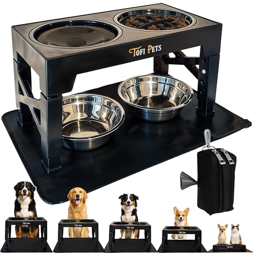 Comedero Perro Elevado 5 Alturas | Bebedero y Comederos para Perros Acero 2 x 1200 ml, Comedero Lento para Perros, Bebedero Antigoteo, Alfombra Silicona + Porta Bolsas Paseo | 4 Cuencos