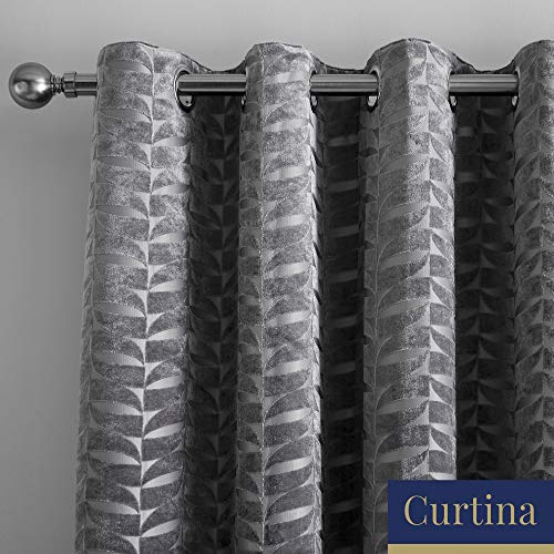 Curtina Eyelet Curtains, Luxury Dark Silver Jacquard Drapes, 117 x 137cm (46" x 54"), Geometric Leaf Design - Image 3