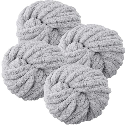 Hilo de lana gruesa de 250 g × 4 – Hilo jumbo para tejer a mano, lana gruesa para tejer y ganchillo, hilo suave de 2 cm para sombreros, bolsos, mantas, almohadas, camas de gatos (gris claro)