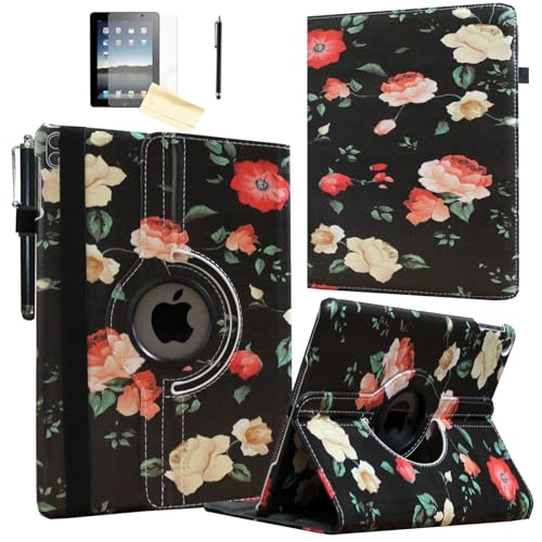 Coque iPad Pro 12.9 rotative avec mise en veille automatique fleur noire