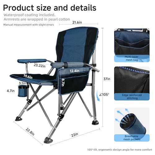 Image of Heavy Duty Folding Camping Chair Supports 400 LBS, Hard Arm Portable Outdoor Chair with Cup Holder & Storage Bag, Foldable Collapsible for Camp, Picnic, Lawn, Fishing, Blue