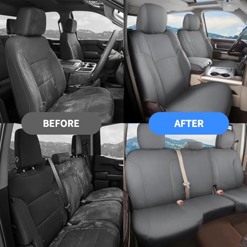 Image of Coverado Chevy Silverado Waterproof Canvas Seat Covers Full Set, Fit for Silverado GMC Sierra 2007-2013 & 2019-2026 1500, 2020-2026 2500HD 3500HD Crew Double Extended Cab(Flat Front&Flat Rear, Gray)