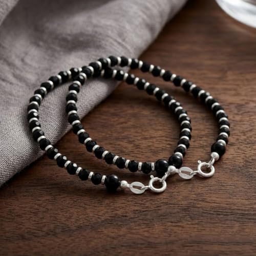 Image of Parnika (Formerly MJ 925 Traditional Silver & Black Crystals Baby Nazariya Kids Silver Bracelet in Pure 92.5 Sterling Silver for Kids - One pair