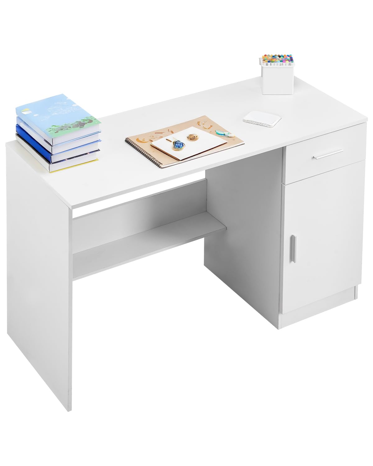 VEVOR Small Desk with Drawers, Wooden Table for Home Office, Small Computer Desk with Storage, Vanity Desk with Drawers, Study Table for Adults/Students for Drawing, Reading, Writing, White