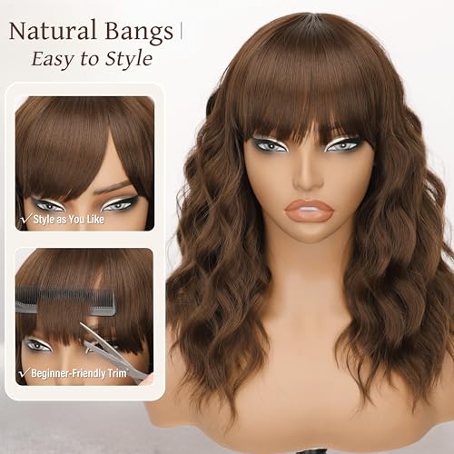Image of Nnzes Short Wavy Bob Wig with Bangs for Women Shoulder Length Curly Soft Medium Chocolate Brown Synthetic Heat-Resistant Fiber Hair for Daily & Party Use