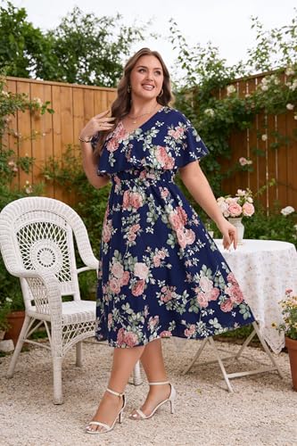 Image of Plus Size Summer Dresses for Women Casual Short Sleeves A Line Midi Dress