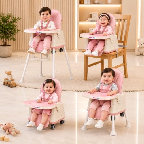 Image of Maa Love 4-in-1 Baby High Chair for 0-5 Years, Adjustable Height Feeding Chair with Detachable Tray, One-Hand Fold, Multifunctional High Chair (Pink)