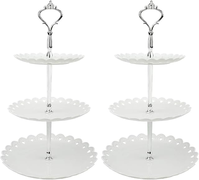 Hotoco 3-tier White Silver Plastic Dessert Stand Pastry Stand Cake Stand Cupcake Stand Holder Serving Platter for Party Wedding Home Decor-Small-set of 2
