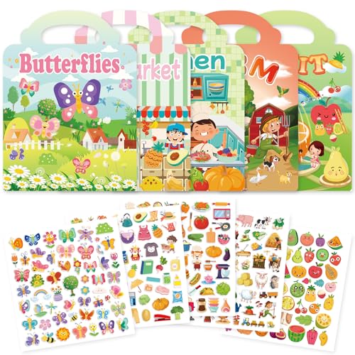 Meafeng Confezione da 5 libri adesivi, giocattoli per bambini dai 2 ai 3 ai 4 anni per bambini, ragazzi e ragazze, giocattoli educativi, regali di compleanno