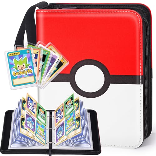 Qodalyth 4 Pocket Card Binder with Zipper, Holds 400 Cards, PU Trading Card Album with 5 Hard Plastic Sleeves,Double-Sided Design. Great for Game Cards and sport card