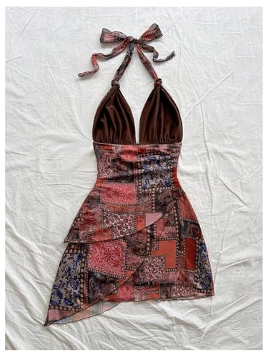 Image of SOLY HUX Women's Y2K Summer Beach Halter Mini Dress | Retro Floral Dress, V Neck, Backless, Club Nightout, Sexy Going Out Clothes, Birthday Dress