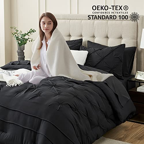 Hansleep Pintuck Queen Size Bed Set Black - 7 Pieces Comforter Set Queen With Pinch Pleat Comforters, Sheets, Shams & Pillowcases #TOP2