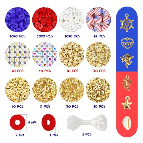 Image of Redtwo 4th of July Red White and Blue Clay Beads Bracelet Making Kit with USA Letter Beads, Patriotic Beads for Jewelry Making for Independence Veterans Day Party Favors, DIY Gifts with America Flag.