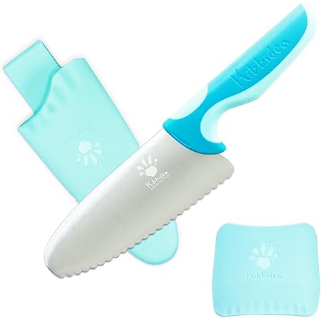 Kibbidea Kids Safe Kitchen Knife, Kids Knife for Real Cooking, BPA Free, Rounded Tip, Stainless Steel, Kids Chef's Knives for Cutting Fruits Veggies Cake, Kids' Baking Supplies Cooking Gift (Blue)