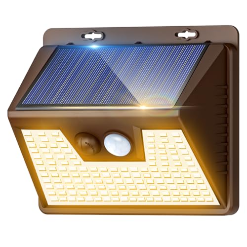 Solar Lights Outdoor 1 Pack, 140LED/3 Modes Motion Sensor Lights Solar Powered, Wireless IP65 Waterproof Outdoor Wall Lights, Bright for Deck Fence Patio Front Door, Warm Light (Brown)
