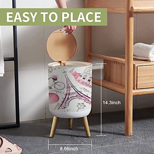 Image of Small Trash Can with Lid for Bathroom Kitchen Office Diaper Paris Symbols Seamless Romantic Travel Paris Bedroom Garbage Trash Bin Dog Proof Waste Basket Cute Decorative, 8.66x14.3inch