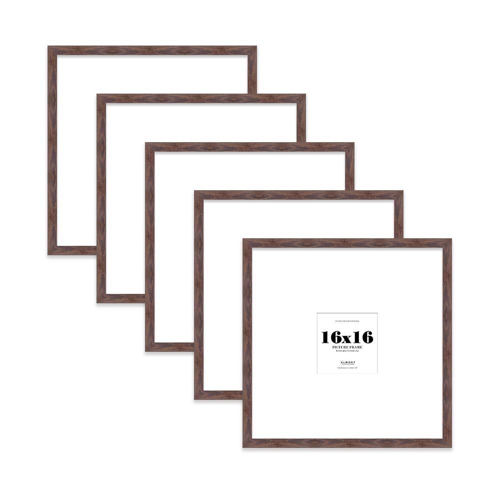 16x16 Walnut Picture Frame with Large Mount for 5x5 Photos, Prints - Modern Square Wall Frame, Set of 5